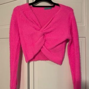 Bobbles and lace boutique hot pink fuzzy knotted crop!